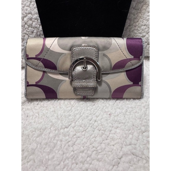 Coach Handbags - Coach Signature Optic Sateen Slim Envelope Wallet Purple Silver Buckle Flap